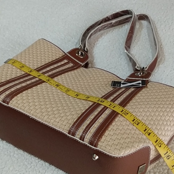 Maxx New York Woven Shoulder Bag with Matching Wristlet | Tan & Brown Vinyl Trim - Picture 12 of 15